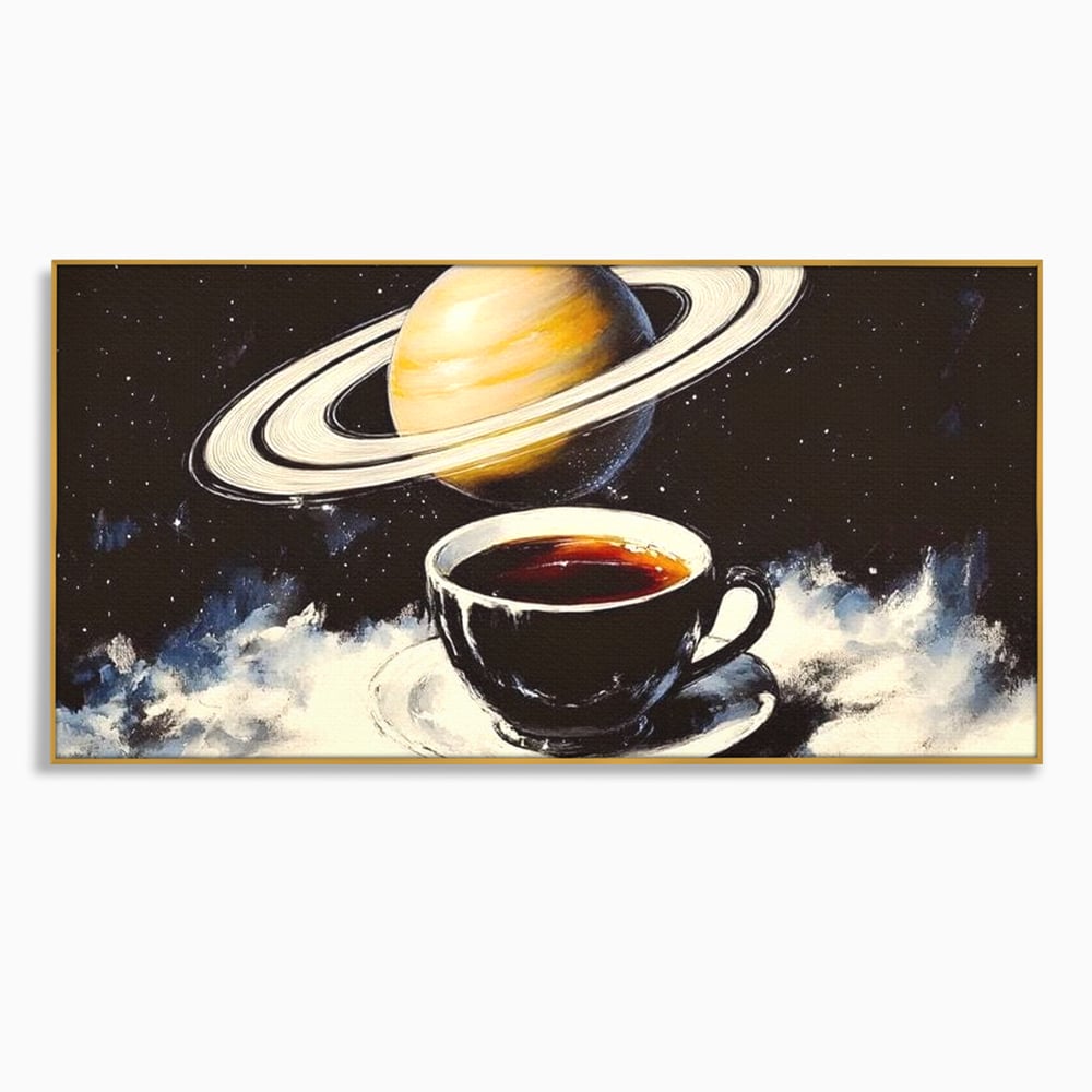 Tablou Canvas Premium, LuxCanva® N1136, Planeta Espresso, Cafea, Ceasca, Univers, Stele, Planeta, Saturn, Inele, Cosmos, Cafeina, Aroma, Cafenea, Pub, Bar, Lounge, Restaurant, Bucatarie