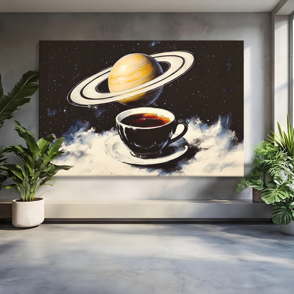 Tablou Canvas Premium, LuxCanva® N1136, Planeta Espresso, Cafea, Ceasca, Univers, Stele, Planeta, Saturn, Inele, Cosmos, Cafeina, Aroma, Cafenea, Pub, Bar, Lounge, Restaurant, Bucatarie