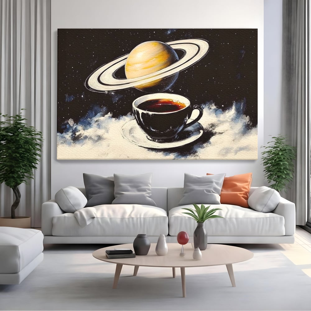 Tablou Canvas Premium, LuxCanva® N1136, Planeta Espresso, Cafea, Ceasca, Univers, Stele, Planeta, Saturn, Inele, Cosmos, Cafeina, Aroma, Cafenea, Pub, Bar, Lounge, Restaurant, Bucatarie