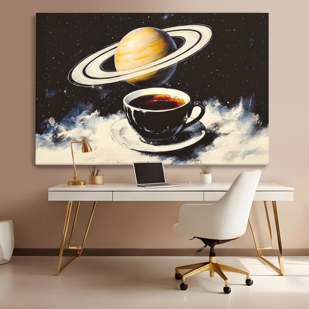 Tablou Canvas Premium, LuxCanva® N1136, Planeta Espresso, Cafea, Ceasca, Univers, Stele, Planeta, Saturn, Inele, Cosmos, Cafeina, Aroma, Cafenea, Pub, Bar, Lounge, Restaurant, Bucatarie