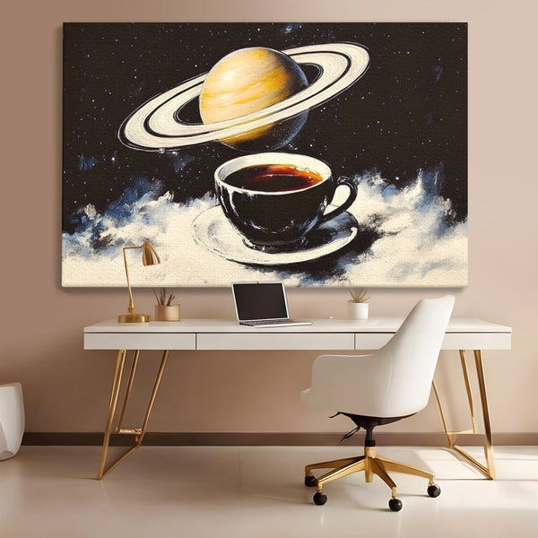 Tablou Canvas Premium, LuxCanva® N1136, Planeta Espresso, Cafea, Ceasca, Univers, Stele, Planeta, Saturn, Inele, Cosmos, Cafeina, Aroma, Cafenea, Pub, Bar, Lounge, Restaurant, Bucatarie