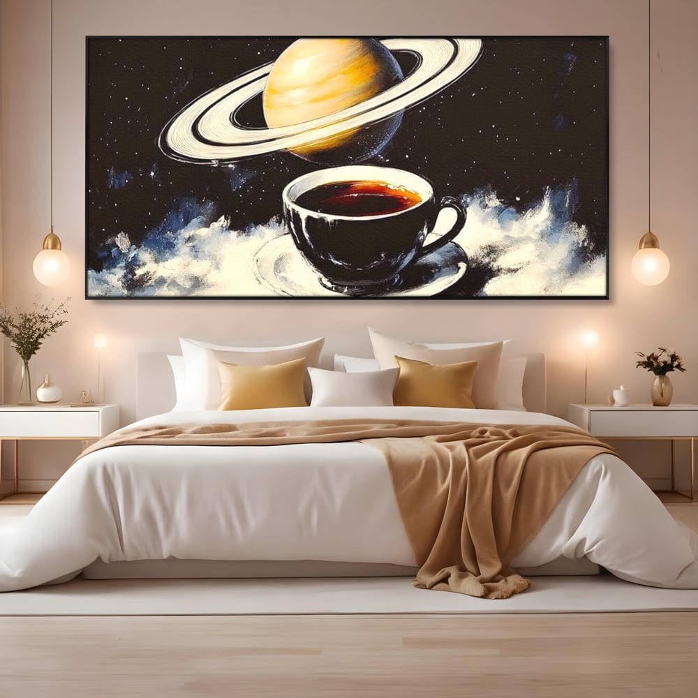 Tablou Canvas Premium, LuxCanva® N1136, Planeta Espresso, Cafea, Ceasca, Univers, Stele, Planeta, Saturn, Inele, Cosmos, Cafeina, Aroma, Cafenea, Pub, Bar, Lounge, Restaurant, Bucatarie