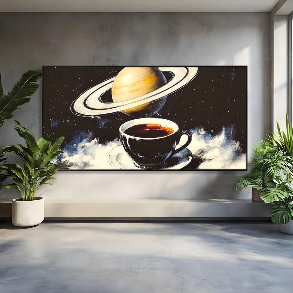 Tablou Canvas Premium, LuxCanva® N1136, Planeta Espresso, Cafea, Ceasca, Univers, Stele, Planeta, Saturn, Inele, Cosmos, Cafeina, Aroma, Cafenea, Pub, Bar, Lounge, Restaurant, Bucatarie