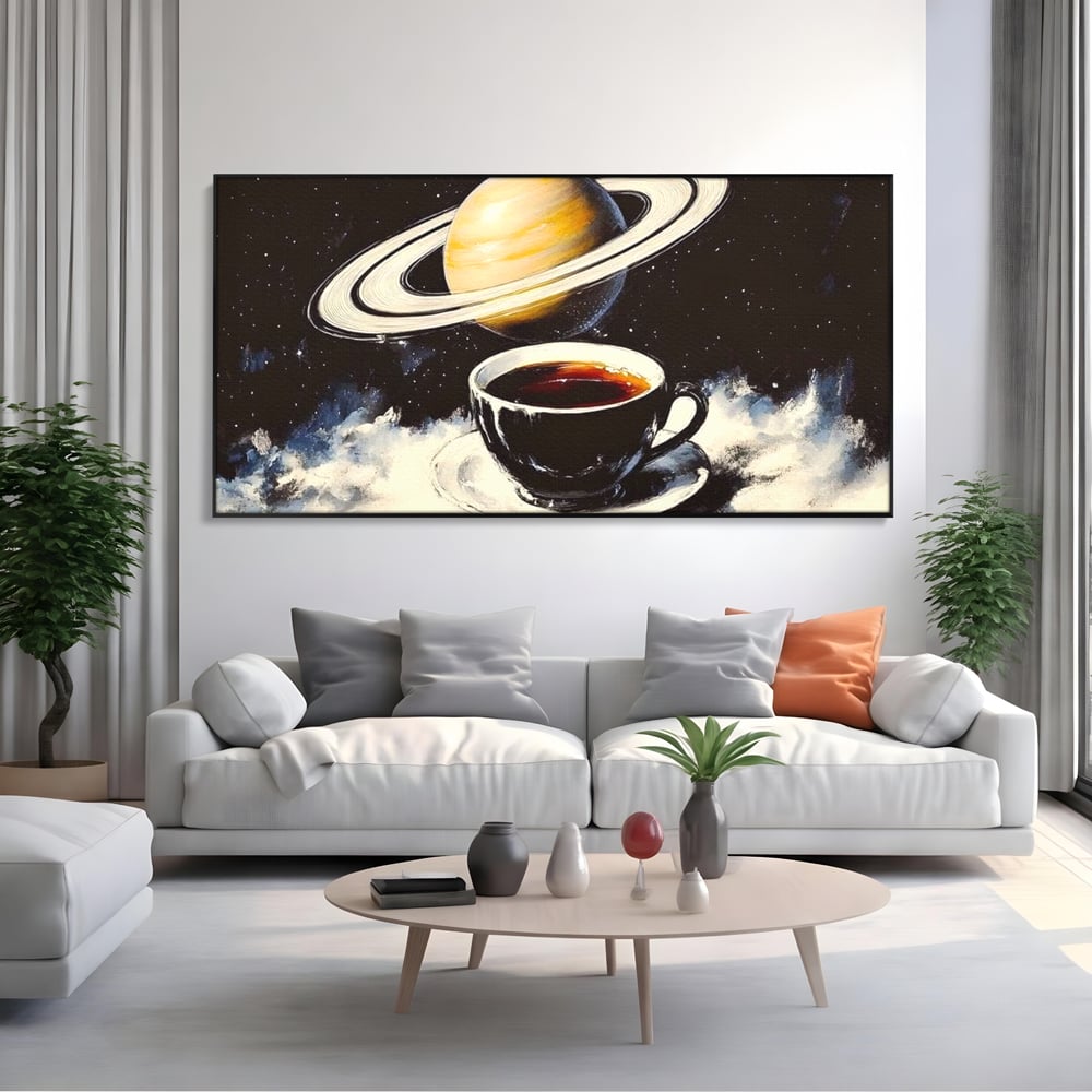 Tablou Canvas Premium, LuxCanva® N1136, Planeta Espresso, Cafea, Ceasca, Univers, Stele, Planeta, Saturn, Inele, Cosmos, Cafeina, Aroma, Cafenea, Pub, Bar, Lounge, Restaurant, Bucatarie