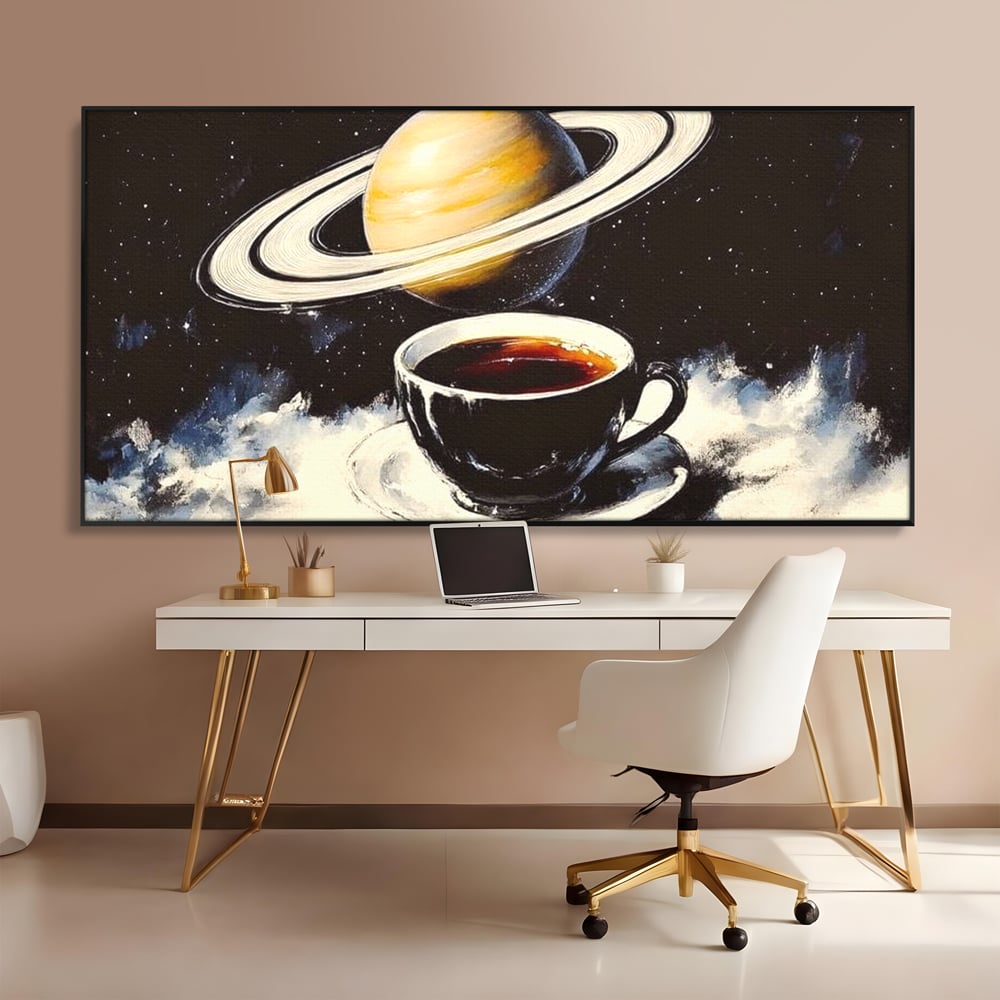 Tablou Canvas Premium, LuxCanva® N1136, Planeta Espresso, Cafea, Ceasca, Univers, Stele, Planeta, Saturn, Inele, Cosmos, Cafeina, Aroma, Cafenea, Pub, Bar, Lounge, Restaurant, Bucatarie
