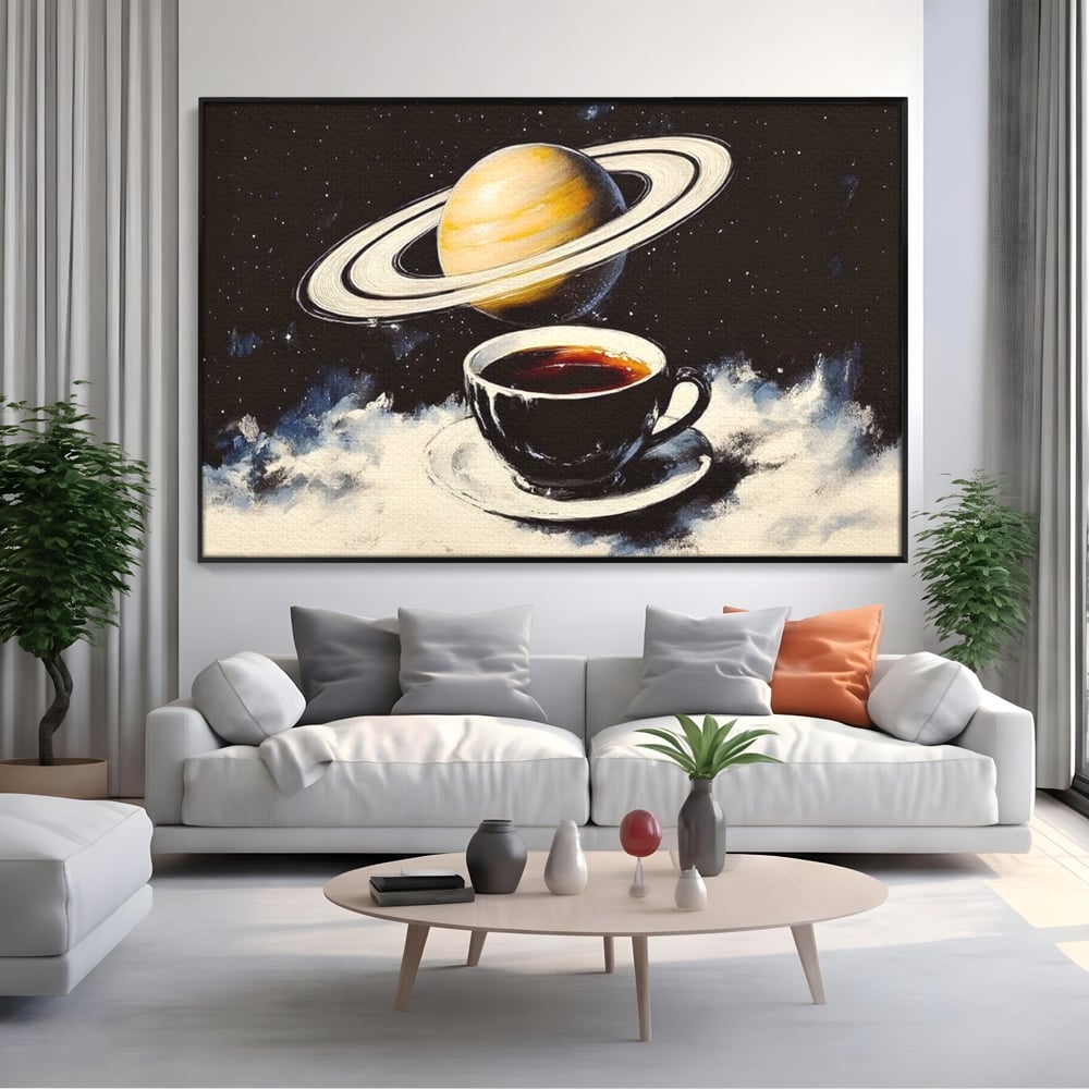 Tablou Canvas Premium, LuxCanva® N1136, Planeta Espresso, Cafea, Ceasca, Univers, Stele, Planeta, Saturn, Inele, Cosmos, Cafeina, Aroma, Cafenea, Pub, Bar, Lounge, Restaurant, Bucatarie