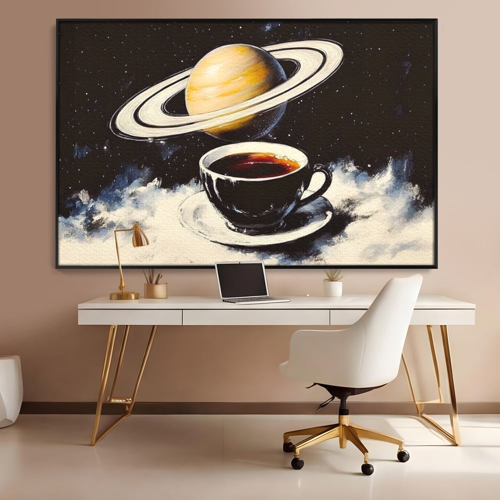 Tablou Canvas Premium, LuxCanva® N1136, Planeta Espresso, Cafea, Ceasca, Univers, Stele, Planeta, Saturn, Inele, Cosmos, Cafeina, Aroma, Cafenea, Pub, Bar, Lounge, Restaurant, Bucatarie