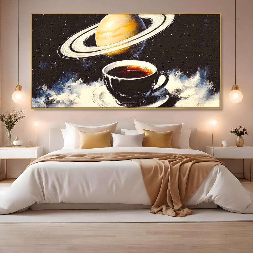 Tablou Canvas Premium, LuxCanva® N1136, Planeta Espresso, Cafea, Ceasca, Univers, Stele, Planeta, Saturn, Inele, Cosmos, Cafeina, Aroma, Cafenea, Pub, Bar, Lounge, Restaurant, Bucatarie