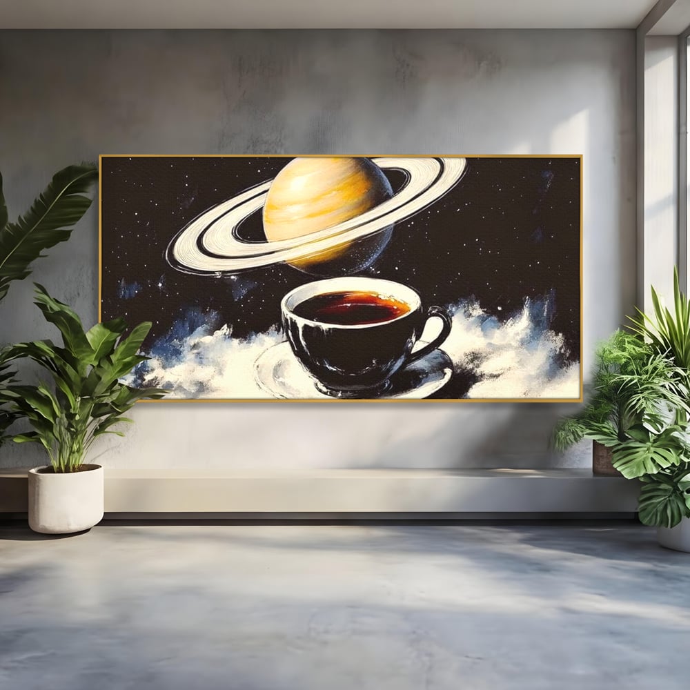 Tablou Canvas Premium, LuxCanva® N1136, Planeta Espresso, Cafea, Ceasca, Univers, Stele, Planeta, Saturn, Inele, Cosmos, Cafeina, Aroma, Cafenea, Pub, Bar, Lounge, Restaurant, Bucatarie