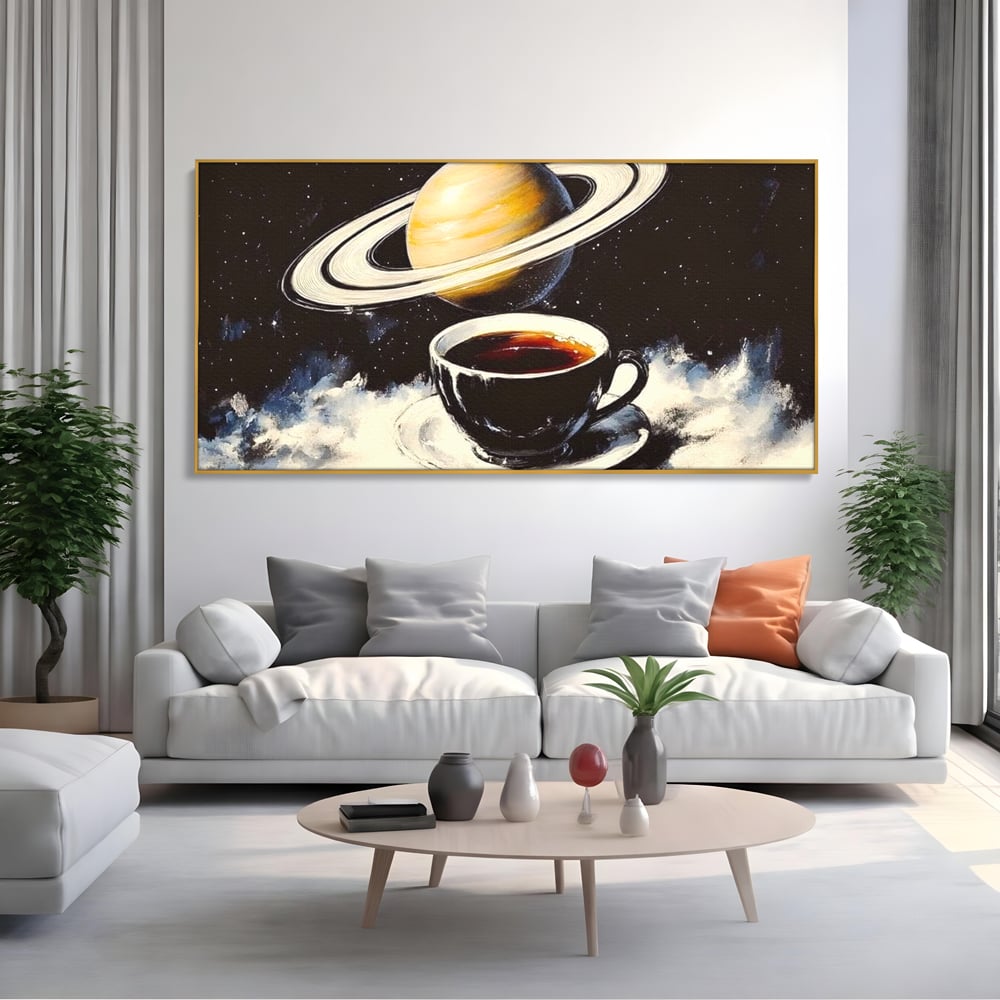 Tablou Canvas Premium, LuxCanva® N1136, Planeta Espresso, Cafea, Ceasca, Univers, Stele, Planeta, Saturn, Inele, Cosmos, Cafeina, Aroma, Cafenea, Pub, Bar, Lounge, Restaurant, Bucatarie