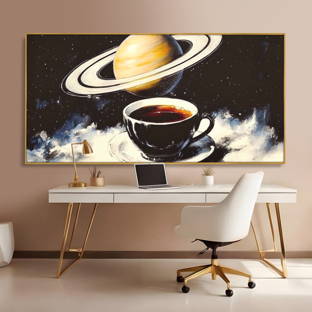 Tablou Canvas Premium, LuxCanva® N1136, Planeta Espresso, Cafea, Ceasca, Univers, Stele, Planeta, Saturn, Inele, Cosmos, Cafeina, Aroma, Cafenea, Pub, Bar, Lounge, Restaurant, Bucatarie