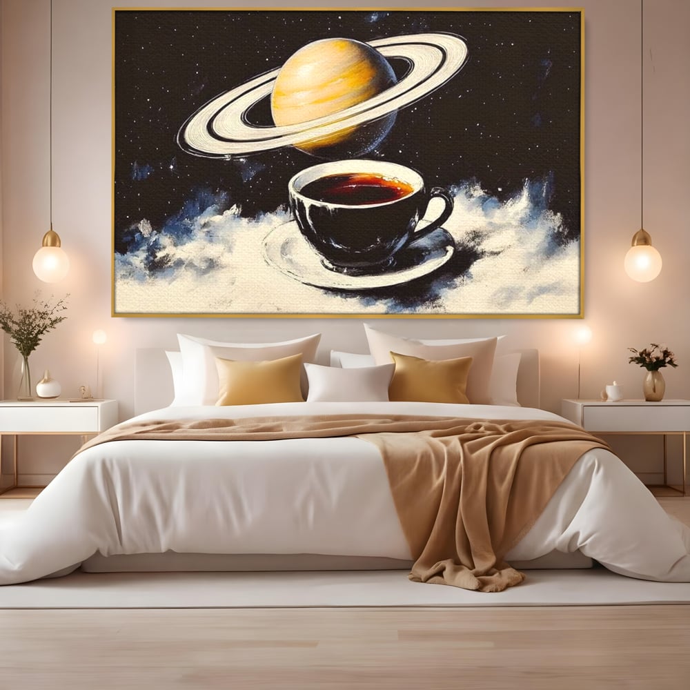 Tablou Canvas Premium, LuxCanva® N1136, Planeta Espresso, Cafea, Ceasca, Univers, Stele, Planeta, Saturn, Inele, Cosmos, Cafeina, Aroma, Cafenea, Pub, Bar, Lounge, Restaurant, Bucatarie