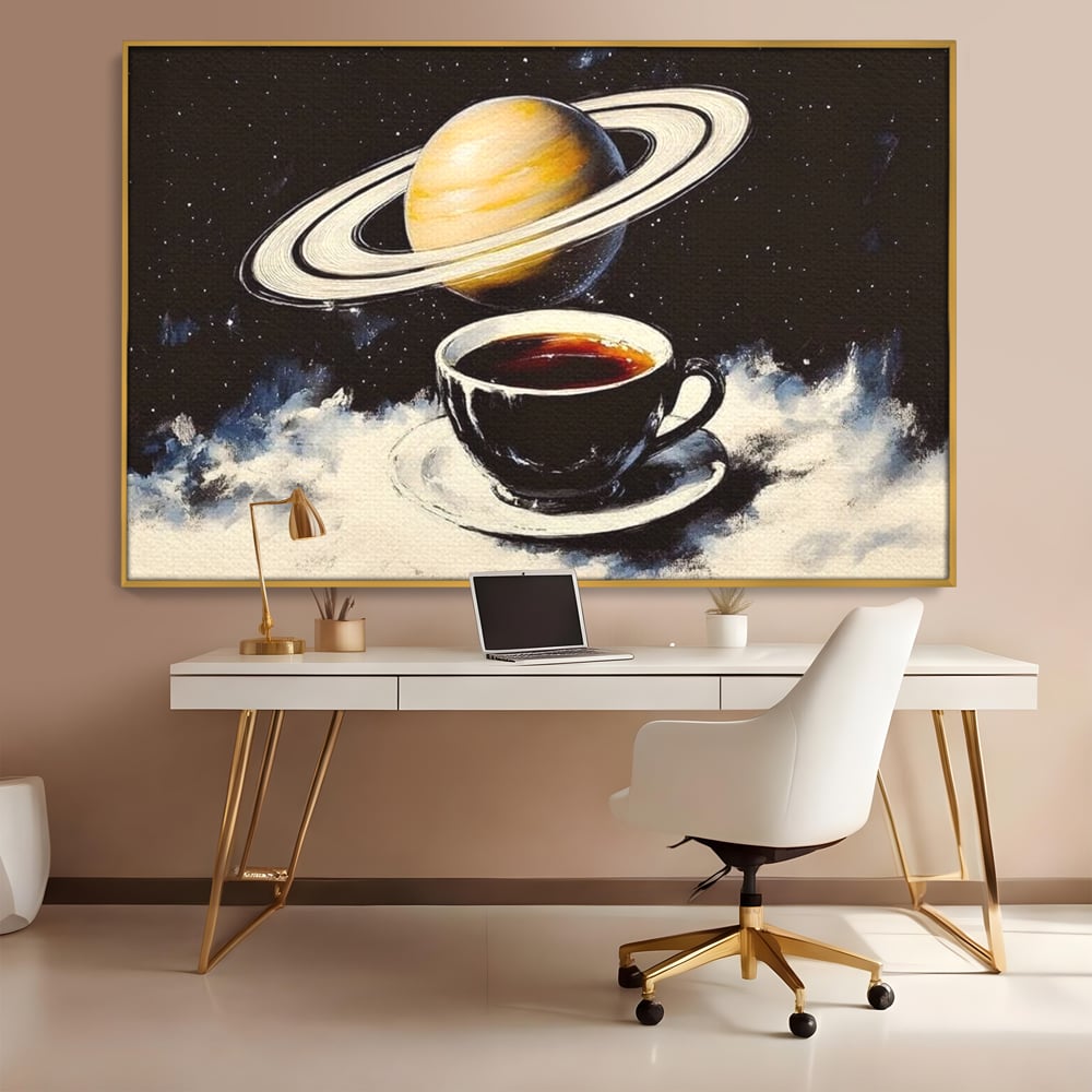 Tablou Canvas Premium, LuxCanva® N1136, Planeta Espresso, Cafea, Ceasca, Univers, Stele, Planeta, Saturn, Inele, Cosmos, Cafeina, Aroma, Cafenea, Pub, Bar, Lounge, Restaurant, Bucatarie