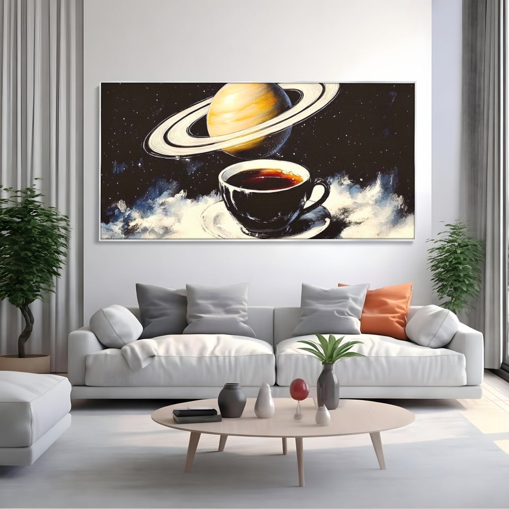 Tablou Canvas Premium, LuxCanva® N1136, Planeta Espresso, Cafea, Ceasca, Univers, Stele, Planeta, Saturn, Inele, Cosmos, Cafeina, Aroma, Cafenea, Pub, Bar, Lounge, Restaurant, Bucatarie