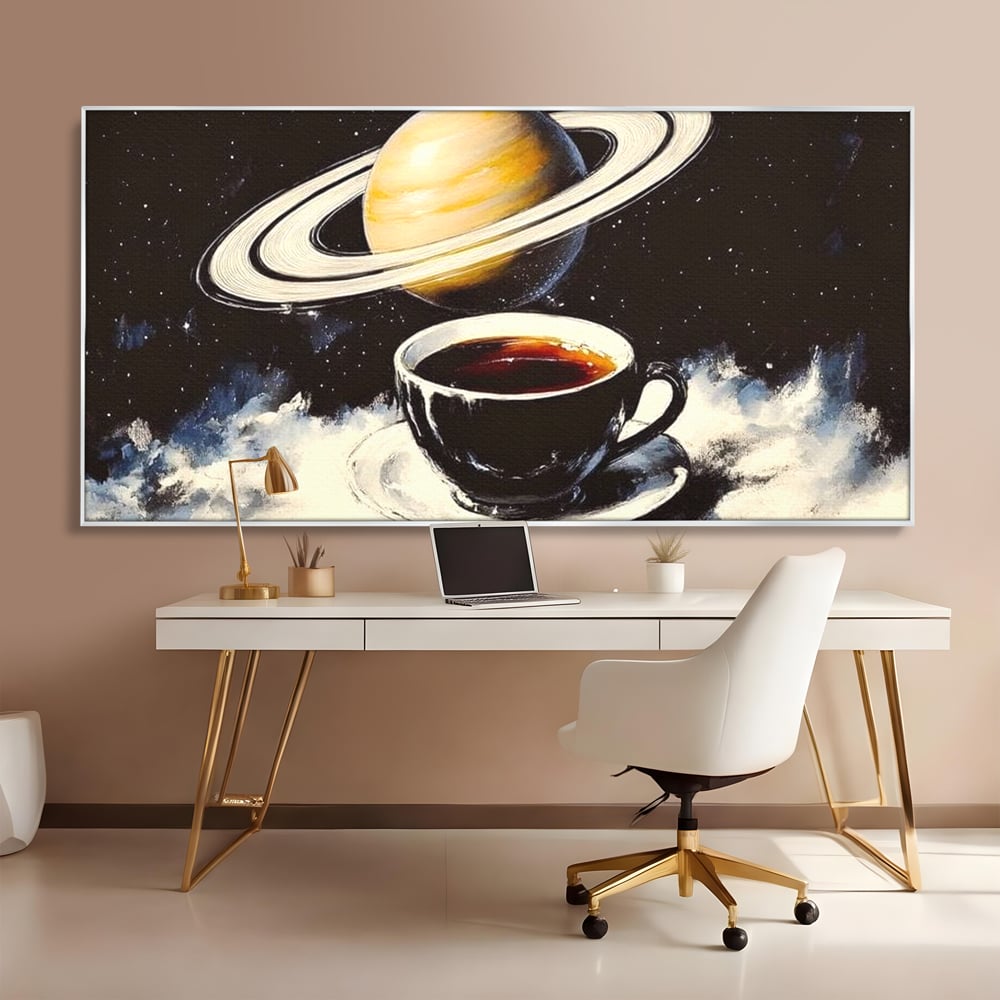 Tablou Canvas Premium, LuxCanva® N1136, Planeta Espresso, Cafea, Ceasca, Univers, Stele, Planeta, Saturn, Inele, Cosmos, Cafeina, Aroma, Cafenea, Pub, Bar, Lounge, Restaurant, Bucatarie