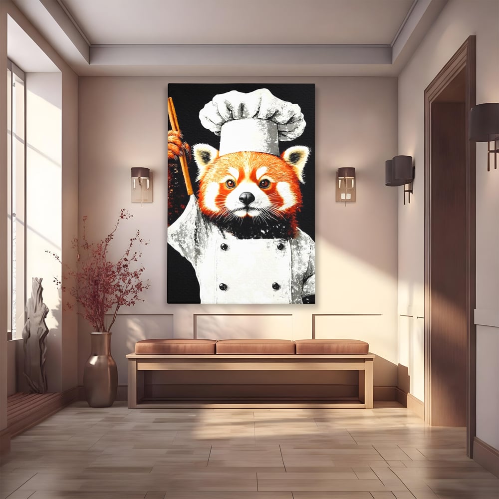 Tablou Canvas Premium, LuxCanva® N1137, Bucatarul din Bambus, Gastronomie, Costum, Bucatar, Animal, Panda, Asiatic, Oriental, Retete, Mancare, Arta Culinara, Restaurant, Bucatarie