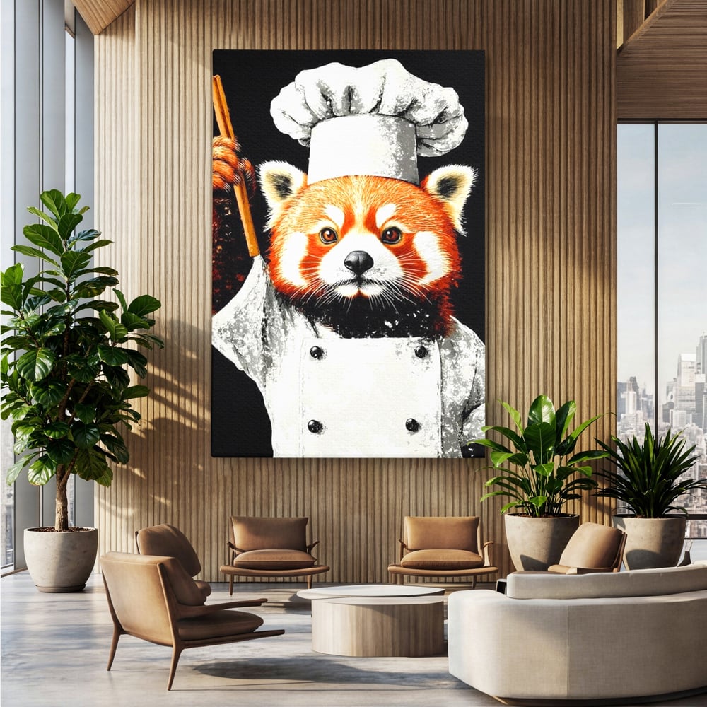 Tablou Canvas Premium, LuxCanva® N1137, Bucatarul din Bambus, Gastronomie, Costum, Bucatar, Animal, Panda, Asiatic, Oriental, Retete, Mancare, Arta Culinara, Restaurant, Bucatarie