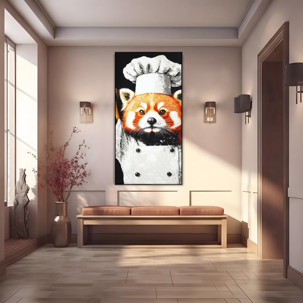 Tablou Canvas Premium, LuxCanva® N1137, Bucatarul din Bambus, Gastronomie, Costum, Bucatar, Animal, Panda, Asiatic, Oriental, Retete, Mancare, Arta Culinara, Restaurant, Bucatarie