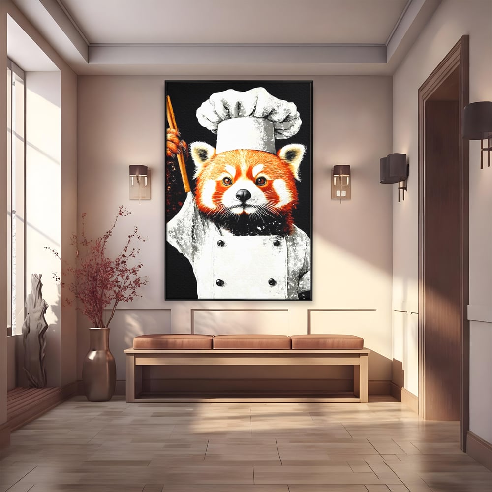 Tablou Canvas Premium, LuxCanva® N1137, Bucatarul din Bambus, Gastronomie, Costum, Bucatar, Animal, Panda, Asiatic, Oriental, Retete, Mancare, Arta Culinara, Restaurant, Bucatarie