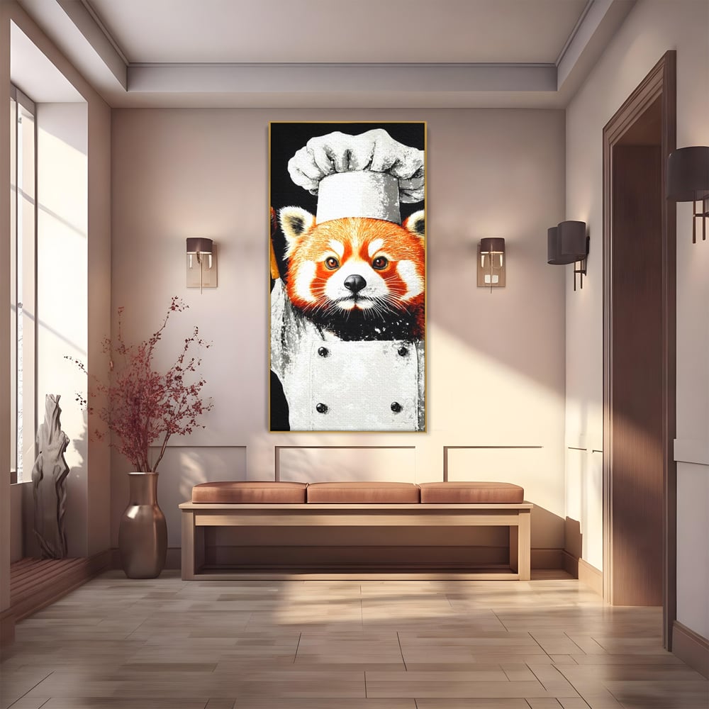 Tablou Canvas Premium, LuxCanva® N1137, Bucatarul din Bambus, Gastronomie, Costum, Bucatar, Animal, Panda, Asiatic, Oriental, Retete, Mancare, Arta Culinara, Restaurant, Bucatarie