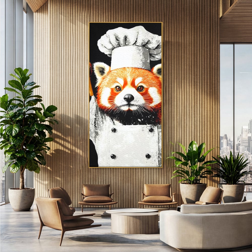 Tablou Canvas Premium, LuxCanva® N1137, Bucatarul din Bambus, Gastronomie, Costum, Bucatar, Animal, Panda, Asiatic, Oriental, Retete, Mancare, Arta Culinara, Restaurant, Bucatarie