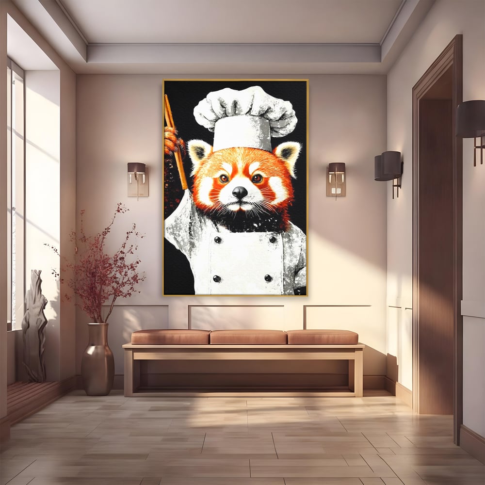 Tablou Canvas Premium, LuxCanva® N1137, Bucatarul din Bambus, Gastronomie, Costum, Bucatar, Animal, Panda, Asiatic, Oriental, Retete, Mancare, Arta Culinara, Restaurant, Bucatarie