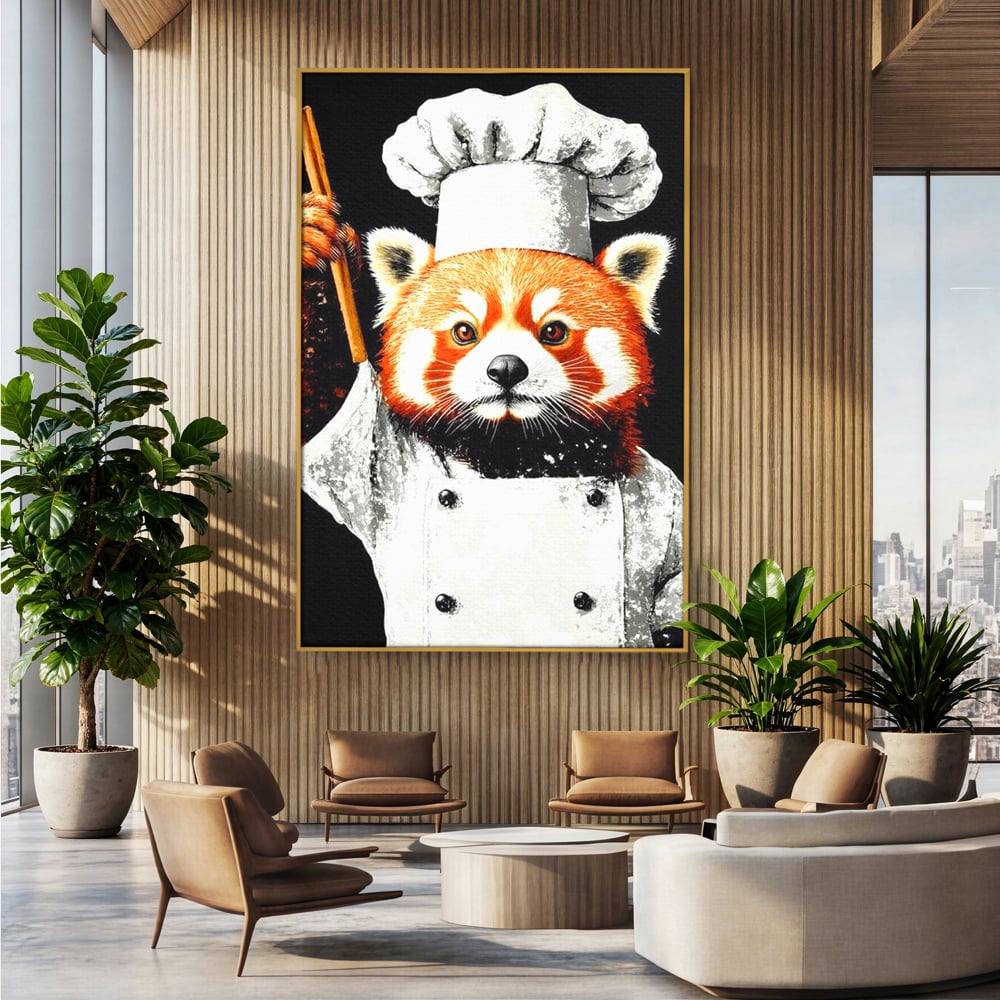 Tablou Canvas Premium, LuxCanva® N1137, Bucatarul din Bambus, Gastronomie, Costum, Bucatar, Animal, Panda, Asiatic, Oriental, Retete, Mancare, Arta Culinara, Restaurant, Bucatarie