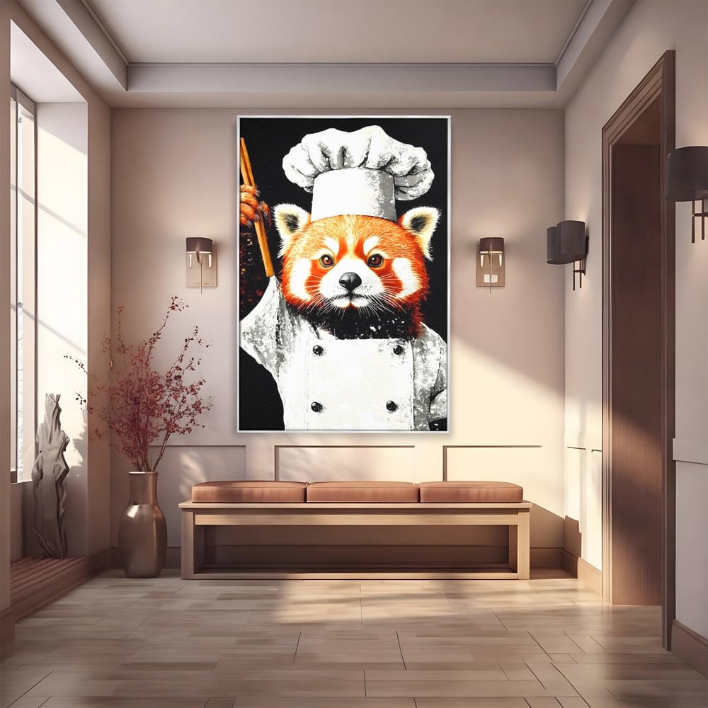 Tablou Canvas Premium, LuxCanva® N1137, Bucatarul din Bambus, Gastronomie, Costum, Bucatar, Animal, Panda, Asiatic, Oriental, Retete, Mancare, Arta Culinara, Restaurant, Bucatarie