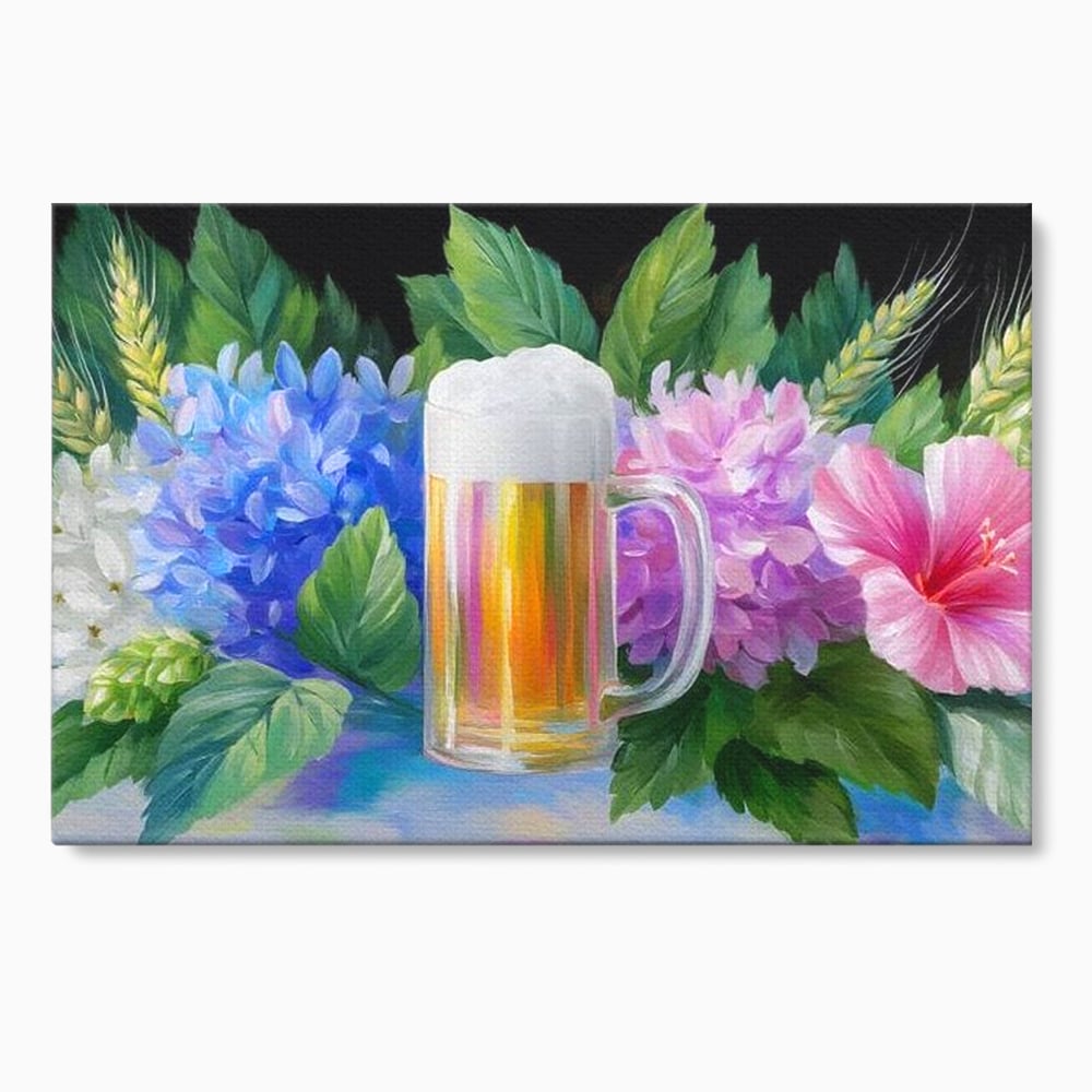 Tablou Canvas Premium, LuxCanva® N1139, Flori de Hamei, Bere, Bautura, Halba, Spuma, Racoritor, Natural, Pastelat, Flori, Petale, Pub, Bar, Lounge, Restaurant, Bucatarie