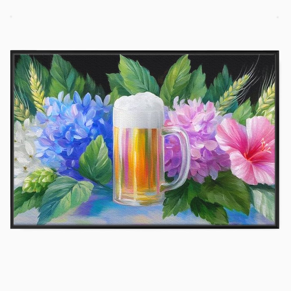 Tablou Canvas Premium, LuxCanva® N1139, Flori de Hamei, Bere, Bautura, Halba, Spuma, Racoritor, Natural, Pastelat, Flori, Petale, Pub, Bar, Lounge, Restaurant, Bucatarie