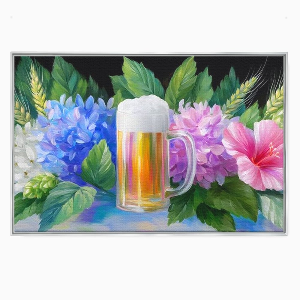Tablou Canvas Premium, LuxCanva® N1139, Flori de Hamei, Bere, Bautura, Halba, Spuma, Racoritor, Natural, Pastelat, Flori, Petale, Pub, Bar, Lounge, Restaurant, Bucatarie