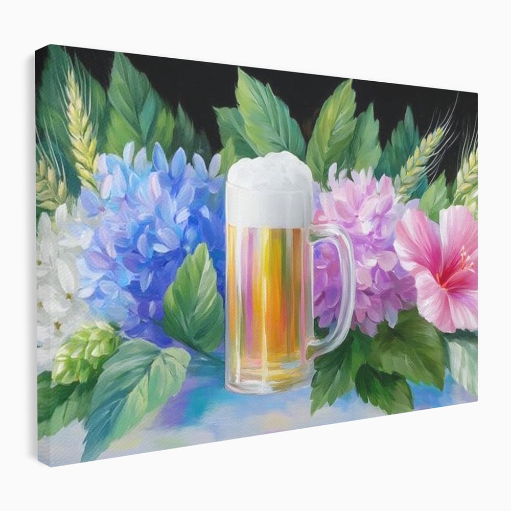 Tablou Canvas Premium, LuxCanva® N1139, Flori de Hamei, Bere, Bautura, Halba, Spuma, Racoritor, Natural, Pastelat, Flori, Petale, Pub, Bar, Lounge, Restaurant, Bucatarie