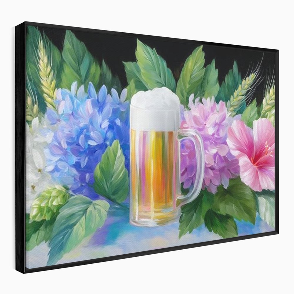 Tablou Canvas Premium, LuxCanva® N1139, Flori de Hamei, Bere, Bautura, Halba, Spuma, Racoritor, Natural, Pastelat, Flori, Petale, Pub, Bar, Lounge, Restaurant, Bucatarie