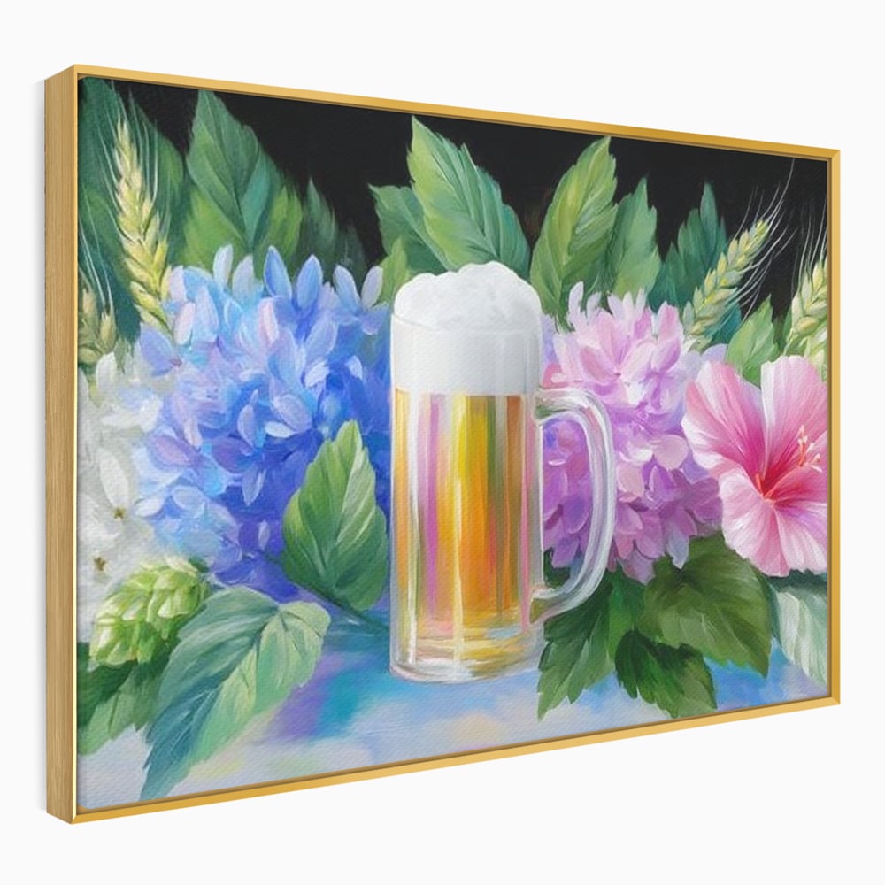 Tablou Canvas Premium, LuxCanva® N1139, Flori de Hamei, Bere, Bautura, Halba, Spuma, Racoritor, Natural, Pastelat, Flori, Petale, Pub, Bar, Lounge, Restaurant, Bucatarie