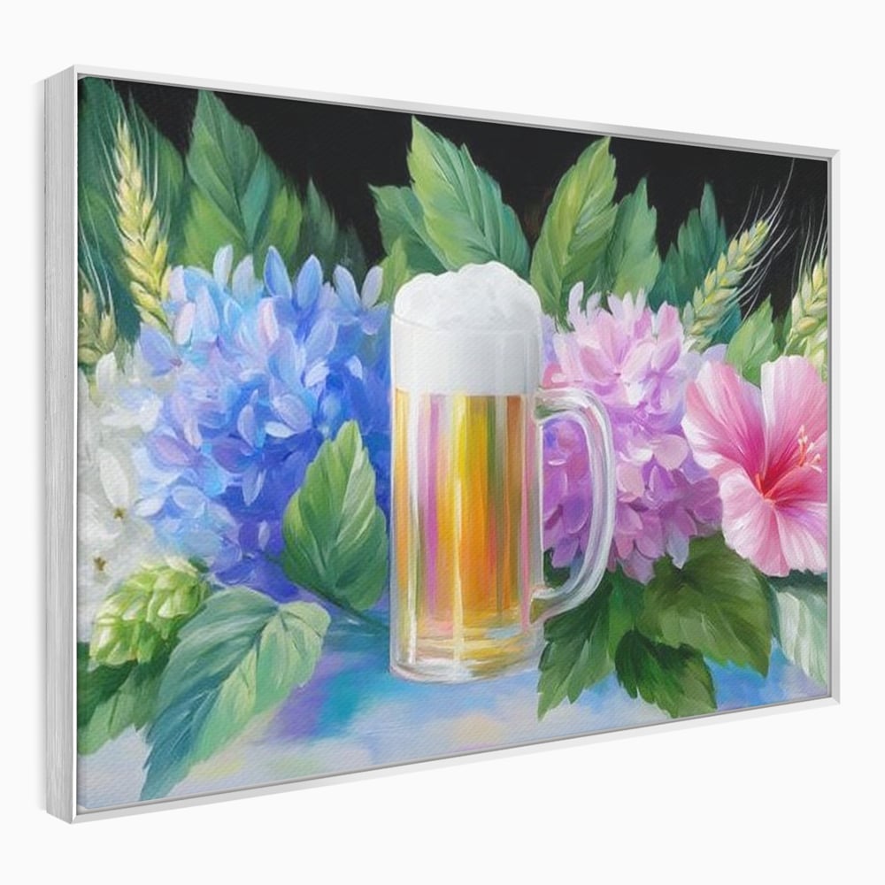 Tablou Canvas Premium, LuxCanva® N1139, Flori de Hamei, Bere, Bautura, Halba, Spuma, Racoritor, Natural, Pastelat, Flori, Petale, Pub, Bar, Lounge, Restaurant, Bucatarie