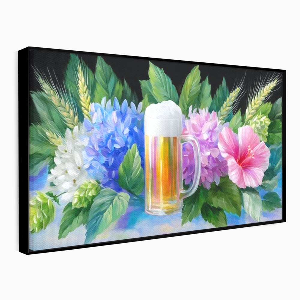 Tablou Canvas Premium, LuxCanva® N1139, Flori de Hamei, Bere, Bautura, Halba, Spuma, Racoritor, Natural, Pastelat, Flori, Petale, Pub, Bar, Lounge, Restaurant, Bucatarie