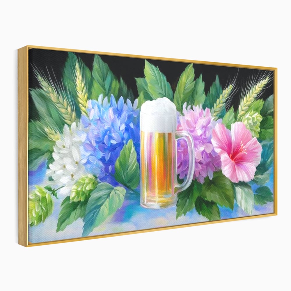 Tablou Canvas Premium, LuxCanva® N1139, Flori de Hamei, Bere, Bautura, Halba, Spuma, Racoritor, Natural, Pastelat, Flori, Petale, Pub, Bar, Lounge, Restaurant, Bucatarie