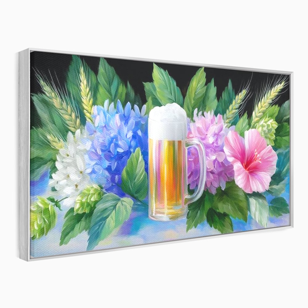 Tablou Canvas Premium, LuxCanva® N1139, Flori de Hamei, Bere, Bautura, Halba, Spuma, Racoritor, Natural, Pastelat, Flori, Petale, Pub, Bar, Lounge, Restaurant, Bucatarie