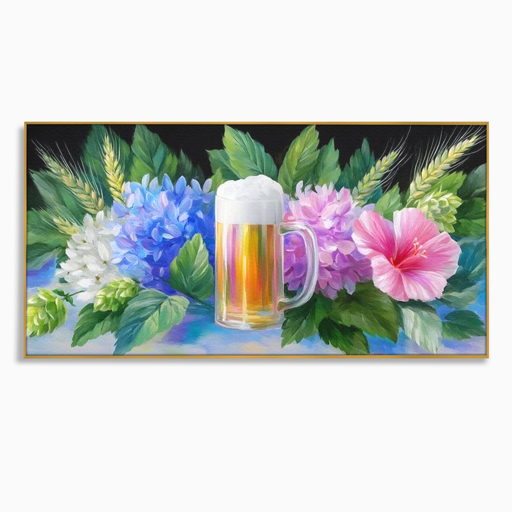 Tablou Canvas Premium, LuxCanva® N1139, Flori de Hamei, Bere, Bautura, Halba, Spuma, Racoritor, Natural, Pastelat, Flori, Petale, Pub, Bar, Lounge, Restaurant, Bucatarie