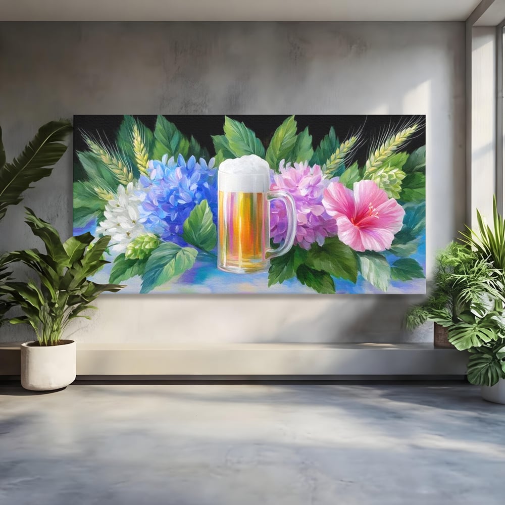 Tablou Canvas Premium, LuxCanva® N1139, Flori de Hamei, Bere, Bautura, Halba, Spuma, Racoritor, Natural, Pastelat, Flori, Petale, Pub, Bar, Lounge, Restaurant, Bucatarie