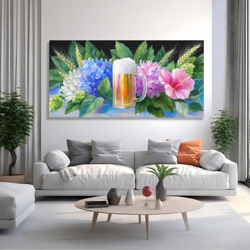 Tablou Canvas Premium, LuxCanva® N1139, Flori de Hamei, Bere, Bautura, Halba, Spuma, Racoritor, Natural, Pastelat, Flori, Petale, Pub, Bar, Lounge, Restaurant, Bucatarie