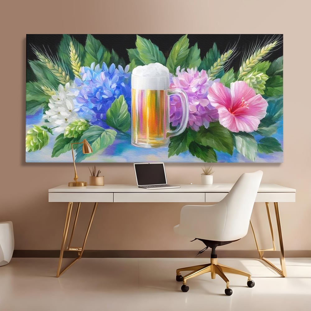 Tablou Canvas Premium, LuxCanva® N1139, Flori de Hamei, Bere, Bautura, Halba, Spuma, Racoritor, Natural, Pastelat, Flori, Petale, Pub, Bar, Lounge, Restaurant, Bucatarie
