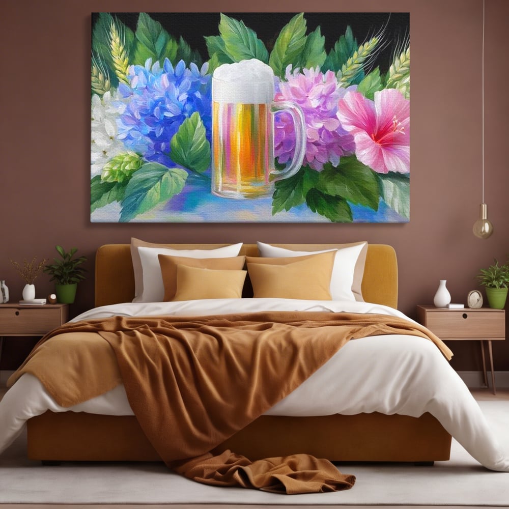 Tablou Canvas Premium, LuxCanva® N1139, Flori de Hamei, Bere, Bautura, Halba, Spuma, Racoritor, Natural, Pastelat, Flori, Petale, Pub, Bar, Lounge, Restaurant, Bucatarie