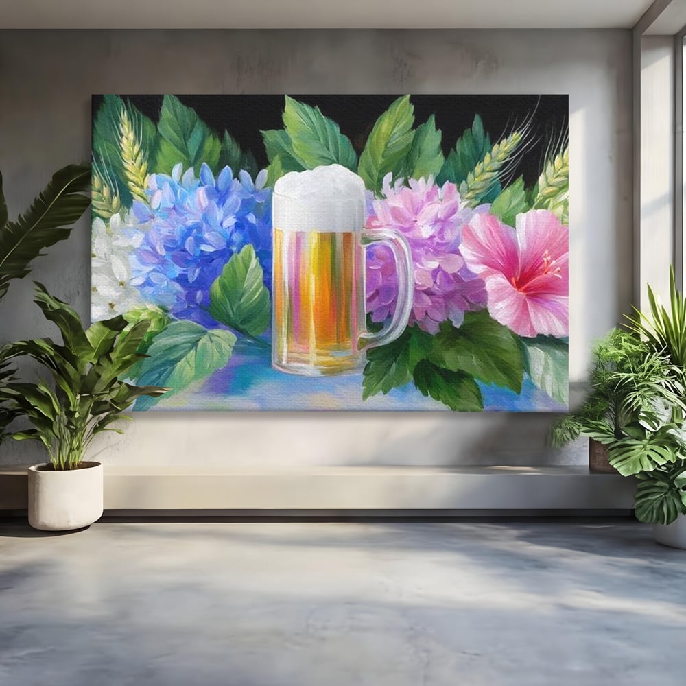 Tablou Canvas Premium, LuxCanva® N1139, Flori de Hamei, Bere, Bautura, Halba, Spuma, Racoritor, Natural, Pastelat, Flori, Petale, Pub, Bar, Lounge, Restaurant, Bucatarie