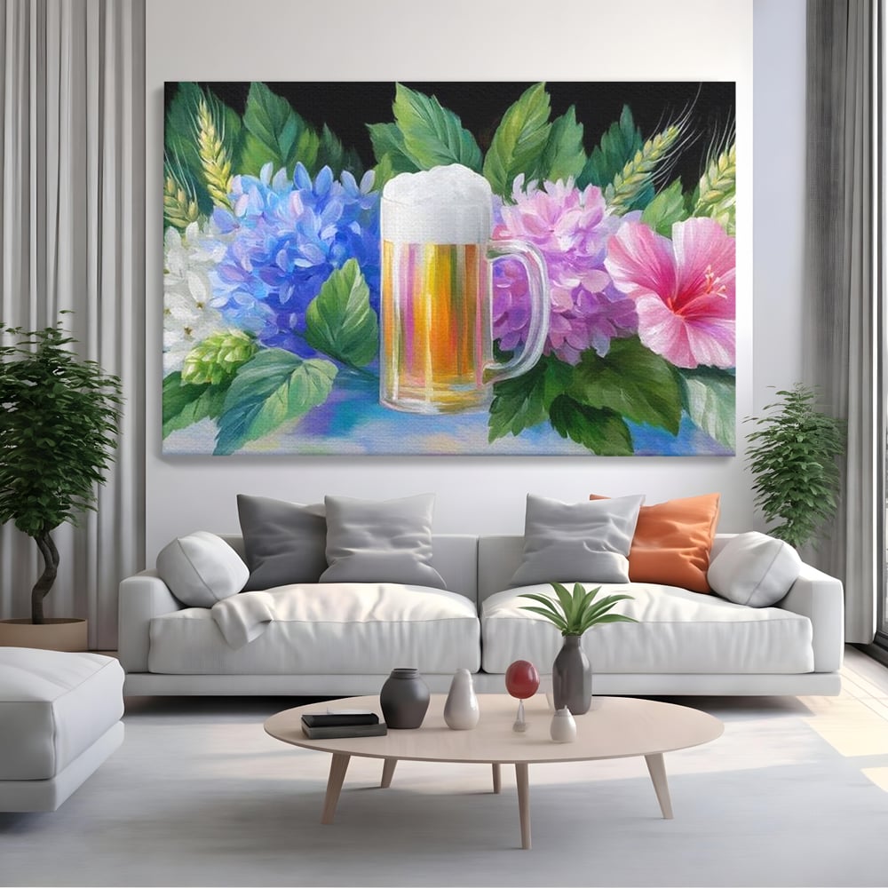 Tablou Canvas Premium, LuxCanva® N1139, Flori de Hamei, Bere, Bautura, Halba, Spuma, Racoritor, Natural, Pastelat, Flori, Petale, Pub, Bar, Lounge, Restaurant, Bucatarie