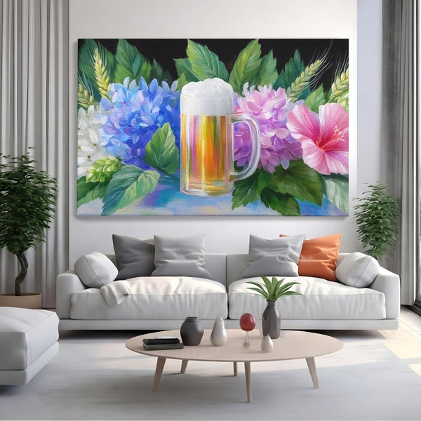 Tablou Canvas Premium, LuxCanva® N1139, Flori de Hamei, Bere, Bautura, Halba, Spuma, Racoritor, Natural, Pastelat, Flori, Petale, Pub, Bar, Lounge, Restaurant, Bucatarie