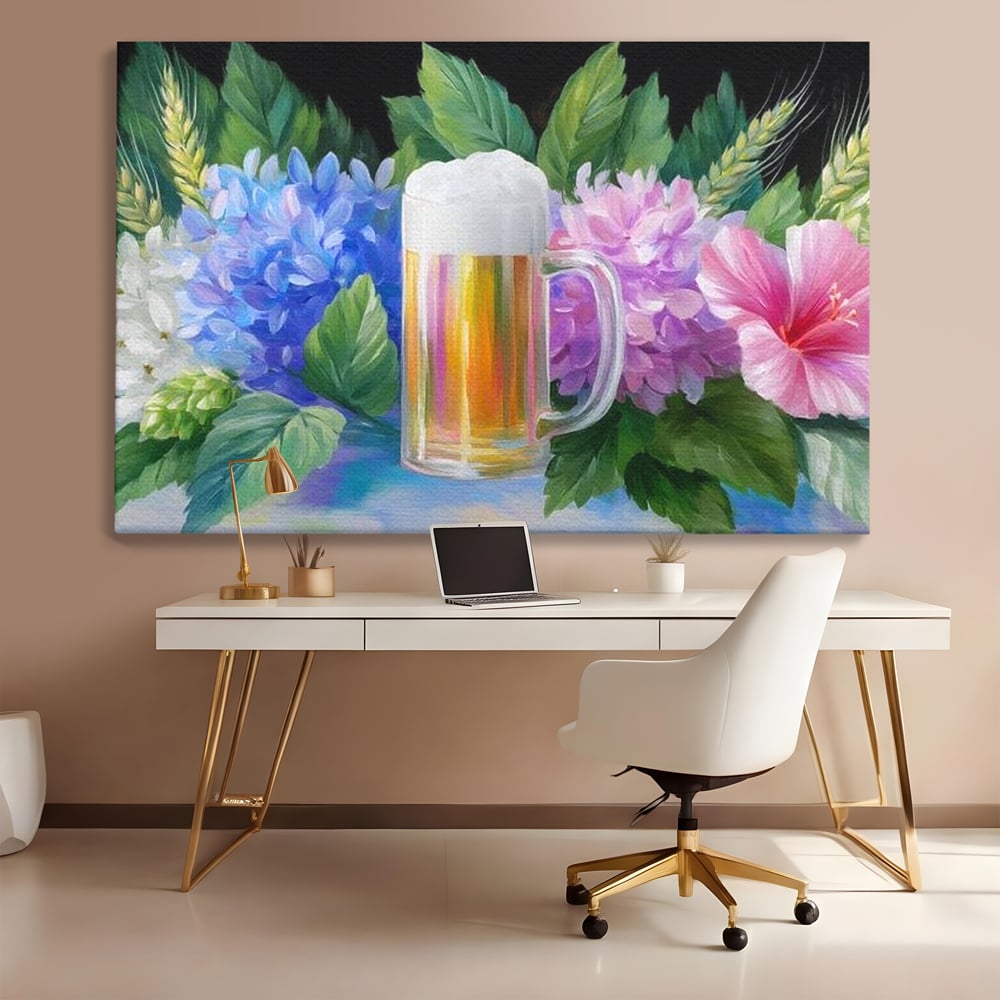 Tablou Canvas Premium, LuxCanva® N1139, Flori de Hamei, Bere, Bautura, Halba, Spuma, Racoritor, Natural, Pastelat, Flori, Petale, Pub, Bar, Lounge, Restaurant, Bucatarie