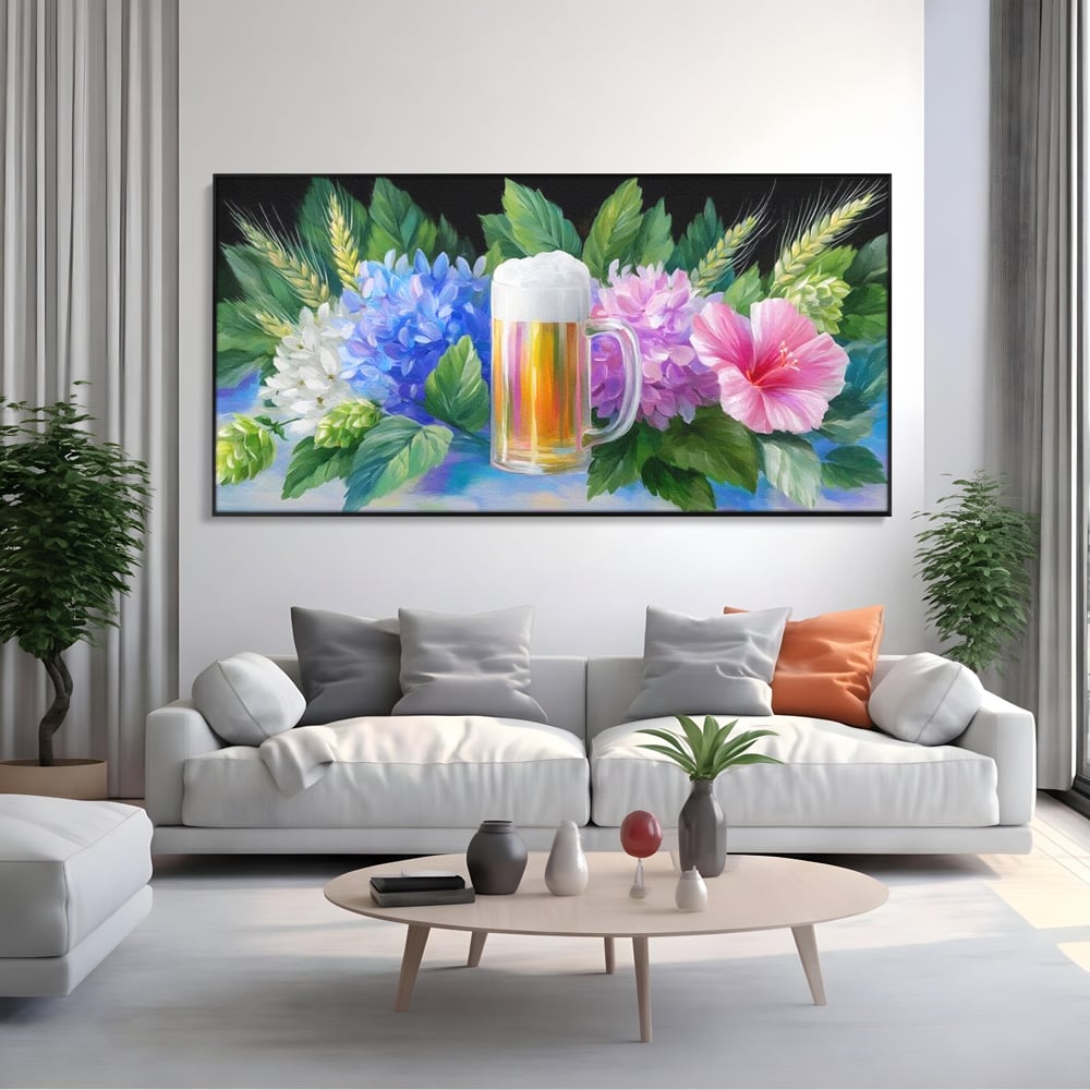 Tablou Canvas Premium, LuxCanva® N1139, Flori de Hamei, Bere, Bautura, Halba, Spuma, Racoritor, Natural, Pastelat, Flori, Petale, Pub, Bar, Lounge, Restaurant, Bucatarie