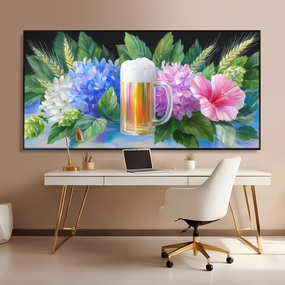 Tablou Canvas Premium, LuxCanva® N1139, Flori de Hamei, Bere, Bautura, Halba, Spuma, Racoritor, Natural, Pastelat, Flori, Petale, Pub, Bar, Lounge, Restaurant, Bucatarie