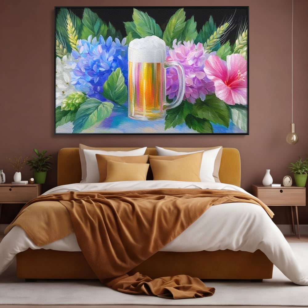 Tablou Canvas Premium, LuxCanva® N1139, Flori de Hamei, Bere, Bautura, Halba, Spuma, Racoritor, Natural, Pastelat, Flori, Petale, Pub, Bar, Lounge, Restaurant, Bucatarie